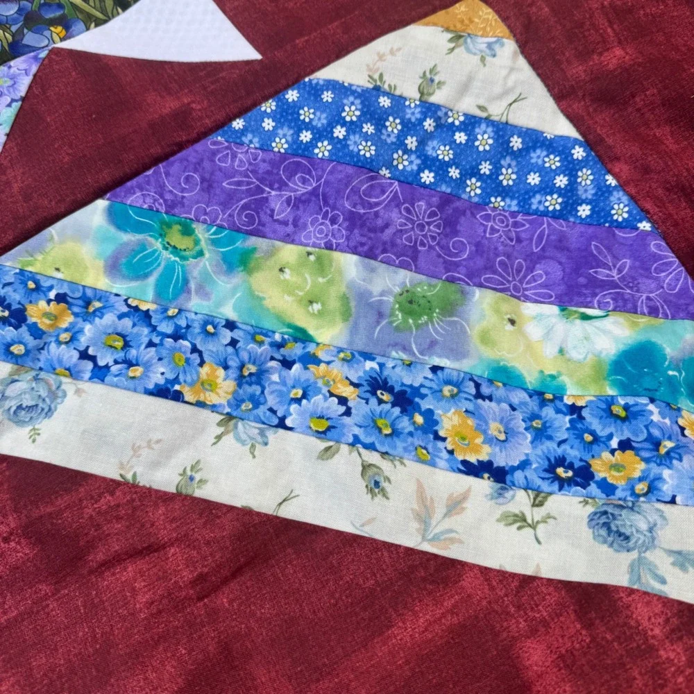 Vintage Handmade Star Patchwork Quilt Burgundy Floral Mason Jar Embroidery 60x60
